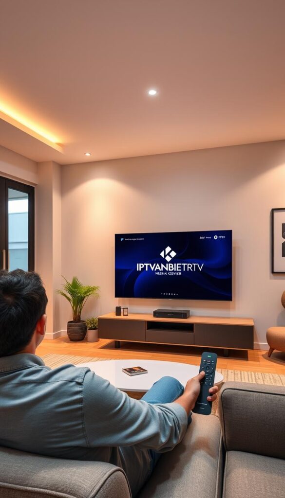 A sleek, modern living room with a large, wall-mounted flat-screen TV. The TV displays the IPTVANBIETERTV logo, signifying an IPTV streaming service. In the foreground, a person sits on a comfortable couch, using a Kodi media center remote to navigate the IPTV interface on the TV. The room is well-lit, with soft, diffused lighting coming from overhead lamps and large windows, creating a warm and inviting atmosphere. The background features stylish, minimalist decor, including potted plants and modern art pieces, further emphasizing the contemporary and tech-savvy nature of the scene.