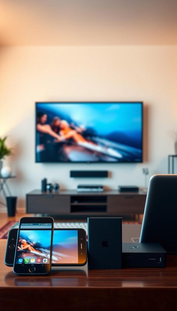 A sleek, modern living room with a wide-screen TV mounted on the wall. In the foreground, multiple devices such as a smartphone, tablet, and laptop are arranged, showcasing the IPTVANBIETERTV multi-device support. The room is bathed in warm, ambient lighting, creating a cozy and inviting atmosphere. The devices are seamlessly connected, reflecting the effortless experience of enjoying IPTV content across various platforms. The composition emphasizes the convenience and versatility of the IPTVANBIETERTV service, allowing users to access their favorite entertainment from anywhere in the home.