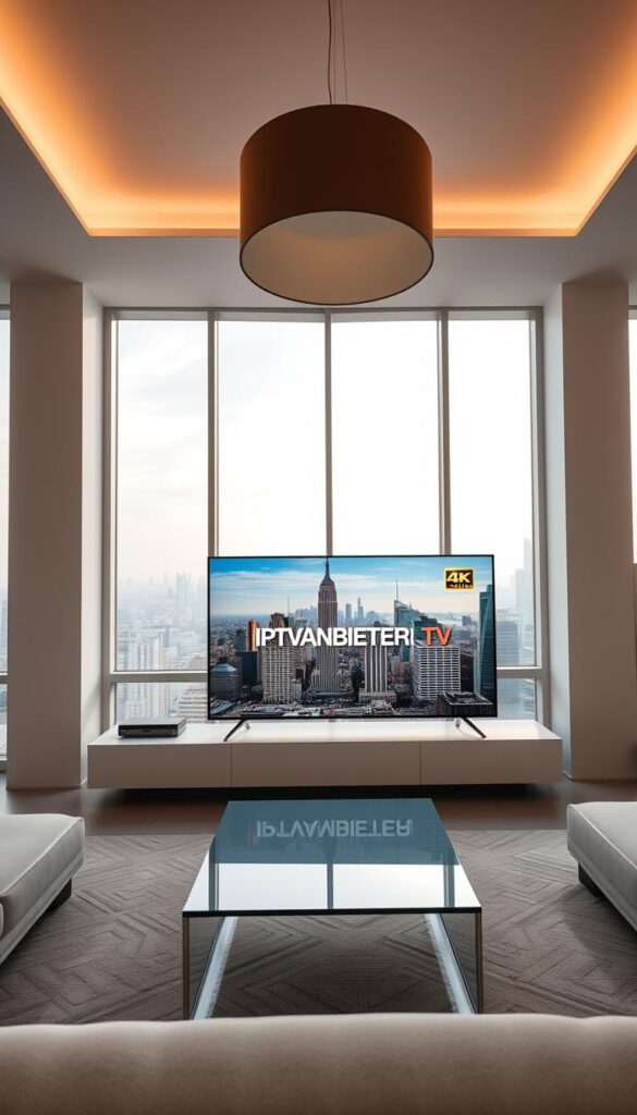 A sleek, modern living room with floor-to-ceiling windows overlooking a cityscape. Soft, diffused lighting from a large pendant fixture creates a warm, cozy atmosphere. On the coffee table, a smart TV displays the IPTVANBIETERTV logo, showcasing crystal-clear 4K video with no buffering or connection issues. The screen's vibrant colors and lifelike details demonstrate the exceptional streaming quality of this IPTV service. The room's minimalist design and elegant furnishings suggest a premium, high-end experience befitting the superior performance of the IPTV system.
