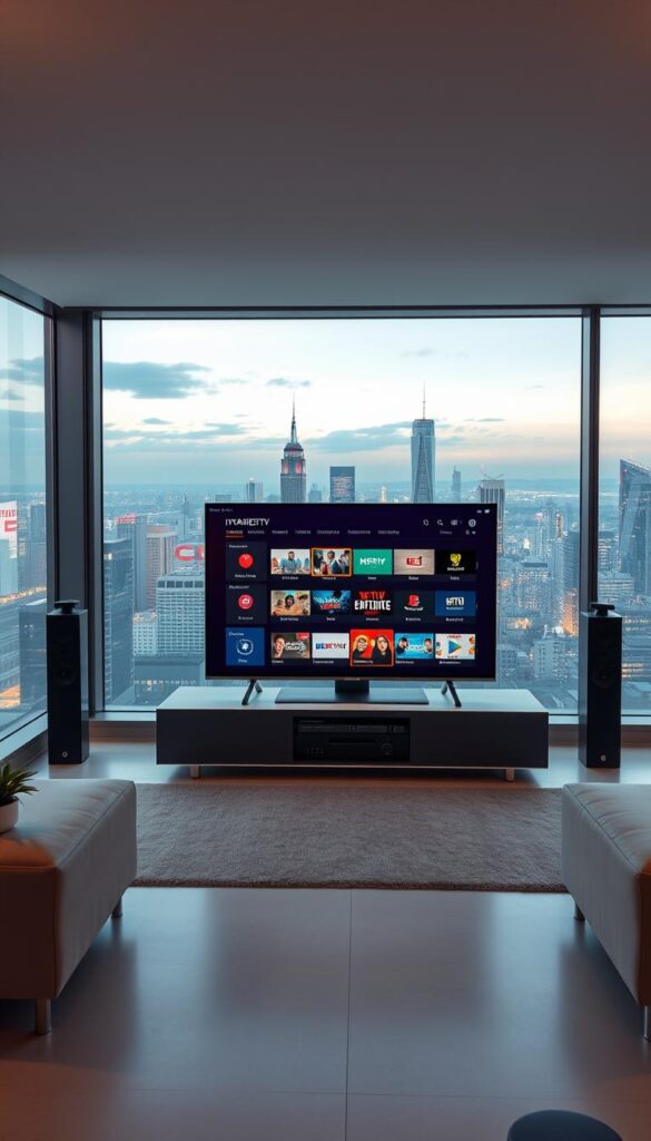 A sleek, modern living room with floor-to-ceiling windows overlooking a vibrant city skyline. A high-end IPTVANBIETERTV entertainment system takes center stage, its streamlined design complementing the room's minimalist aesthetic. The screen displays a diverse array of HD channels, showcasing the provider's extensive offering. Soft, directional lighting illuminates the scene, creating a cozy and immersive viewing experience. The overall atmosphere evokes a sense of luxury and technological sophistication, reflecting the quality and reliability of IPTVANBIETERTV's services.