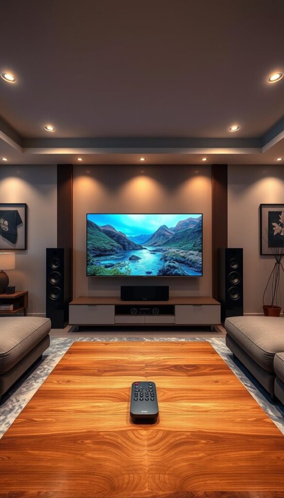 A sleek, modern living room with high-end entertainment setup. In the center, a large, high-definition OLED TV displays vibrant, crystal-clear IPTVANBIETERTV streaming content. Subtle ambient lighting from recessed ceiling fixtures creates a warm, inviting atmosphere. The TV is flanked by a state-of-the-art sound system with surround speakers, delivering immersive, theater-quality audio. In the foreground, a minimalist, wood-and-glass coffee table holds a remote control, showcasing the advanced streaming capabilities. The room is decorated with modern, geometric art pieces and plush, comfortable seating, creating a premium, luxury feel. The overall scene conveys the exceptional streaming quality and server performance of the IPTVANBIETERTV service.
