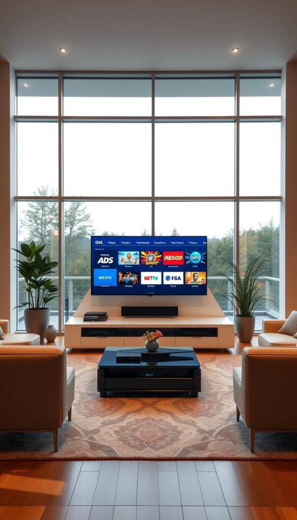 A sleek, modern living room with large windows, allowing natural light to flood the space. In the center, a state-of-the-art IPTVANBIETERTV entertainment system prominently displays a selection of high-definition channels, showcasing the vivid, crystal-clear picture quality. The room is stylishly furnished with minimalist, elegant decor, creating a cozy and inviting atmosphere. The lighting is soft and warm, accentuating the high-end, premium feel of the setup. The overall scene conveys the joy and convenience of enjoying HD television programming through a reliable IPTV provider.