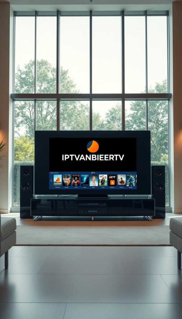 A sleek, modern living room with large windows, allowing natural light to flood the space. In the center, a stylish black entertainment system features the IPTVANBIETERTV logo prominently displayed on the screen, showcasing the user interface of their IPTV service. The room is decorated with minimal, contemporary furnishings, creating a clean and sophisticated atmosphere. The lighting is soft and warm, accentuating the high-quality visuals on the screen. The overall scene conveys a sense of technological sophistication and effortless enjoyment of IPTV streaming through VLC on IPTVANBIETERTV's platform.