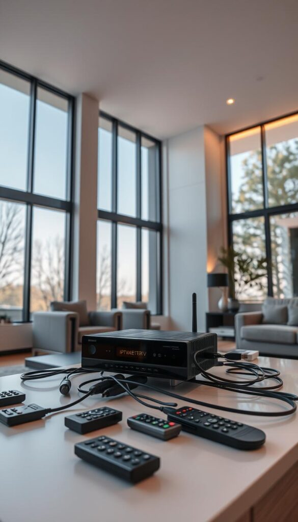 A sleek, modern living room with large windows, allowing natural light to flood the space. On the entertainment center, a high-tech IPTVANBIETERTV device stands prominently, surrounded by various remote controls and a sophisticated cable management setup. The room is stylishly decorated, with minimal yet elegant furnishings, creating a cozy and inviting atmosphere. The focus is on the IPTVANBIETERTV device, which takes center stage, hinting at its importance in recording and storing live TV programs for flexible viewing. The lighting is warm and subtle, accentuating the modern, technology-driven feel of the scene.