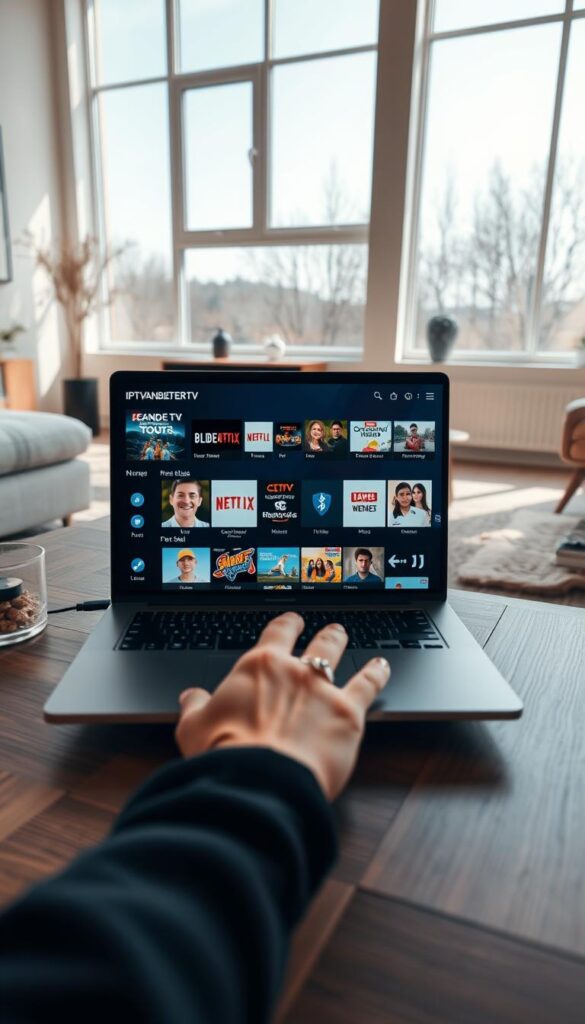 A sleek, modern living room with large windows, allowing natural light to flood the space. On a minimalist, wooden coffee table, a laptop displays the IPTVANBIETERTV interface, showcasing a diverse array of live TV channels and on-demand content. The room is decorated with subtle, earthy tones, creating a cozy and inviting atmosphere. A person's hand is reaching towards the laptop, conveying the ease and accessibility of the free trial service. The image should convey the sense of a seamless, enjoyable IPTV experience.