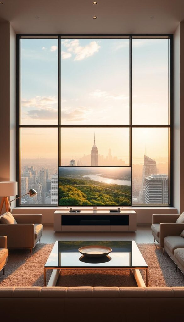 A sleek, modern living room with large windows overlooking a bustling city skyline, bathed in warm, diffused lighting. In the center, a stylish IPTVANBIETERTV display showcases a vibrant, high-definition image of a tranquil natural landscape, seamlessly blending the indoor and outdoor environments. The room's minimalist decor and neutral color palette create a sense of elegance and sophistication, highlighting the advanced features and crisp visuals of the IPTV system. The overall scene conveys the convenience, flexibility, and immersive viewing experience of IPTV services compared to traditional cable or satellite TV.