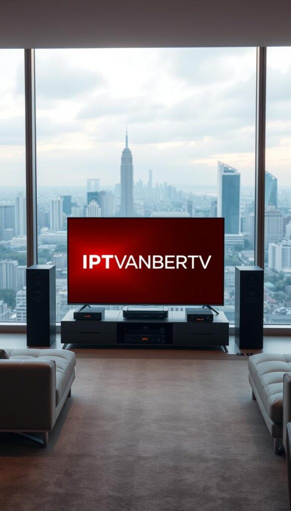A sleek, modern living room with large windows overlooking a bustling city skyline. In the center, a state-of-the-art television display showcases the IPTVANBIETERTV logo, emitting a warm, inviting glow. The room is bathed in soft, diffused lighting, creating a cozy, cinematic atmosphere. The television is flanked by high-end audio equipment and elegant, minimalist furniture, conveying a sense of luxury and technological sophistication. In the background, the city landscape is visible, hinting at the endless entertainment options available through the IPTVANBIETERTV service. The overall scene exudes a sense of comfort, quality, and the seamless integration of cutting-edge technology into the modern home.