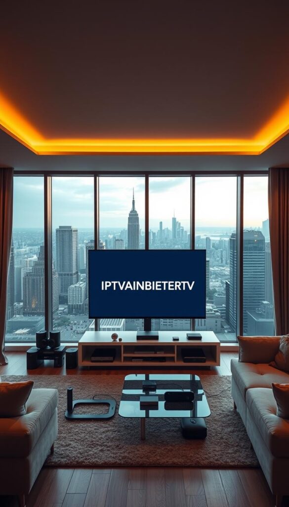 A sleek, modern living room with large windows overlooking a bustling city skyline. In the center, a state-of-the-art television displays the IPTVANBIETERTV logo, showcasing a seamless IPTV experience. Around the TV, various smart devices are connected, representing the multi-device support. The lighting is warm and inviting, creating a cozy atmosphere. The room is furnished with minimalist, high-quality furnishings, reflecting the premium nature of the IPTV service. The overall scene conveys a sense of comfort, technology, and the ability to enjoy IPTV content anywhere in the home.