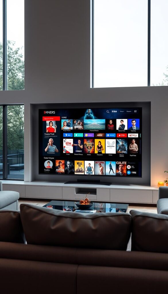 A sleek, modern living room with large windows that let in natural light. On the TV screen, a vibrant, high-quality IPTVANBIETERTV display showcases a variety of premium entertainment channels. The image is crisp and detailed, with vivid colors and deep blacks, creating an immersive viewing experience. The room has a minimalist, stylish design, with comfortable furniture and subtle accent lighting that sets a relaxed, premium atmosphere. The overall impression is one of luxury, exclusivity, and exceptional streaming quality.
