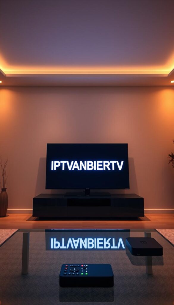 A sleek, modern living room with minimalist decor and a large flatscreen TV displaying the IPTVANBIETERTV logo in a clean, bold font. The room is bathed in warm, ambient lighting, creating a cozy and inviting atmosphere. On a glass coffee table in the foreground, a remote control and a small device, possibly a streaming box, hint at the flexibility and convenience of IPTV without a contract. The overall scene conveys a sense of freedom, simplicity, and the ability to enjoy entertainment on your own terms.
