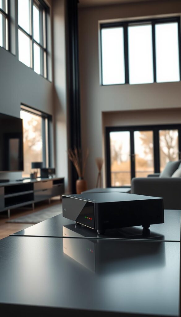 A sleek, modern living room with minimalist decor and large windows, bathed in soft, diffused lighting. On the entertainment center, a state-of-the-art IPTVANBIETERTV device is prominently displayed, its elegant design and discreet LED indicators signaling its readiness to deliver a seamless IPTV experience. The room exudes a sense of technological sophistication and comfort, hinting at the effortless integration of digital media into the domestic space. The overall scene conveys the idea of a well-equipped, future-ready home, perfectly suited for enjoying the latest IPTV offerings.