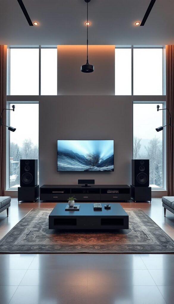 A sleek, modern living room with minimalist decor and large windows that let in ample natural light. In the center, a state-of-the-art entertainment system with a high-definition IPTVANBIETERTV display. The room is filled with a sense of technological sophistication, with cable and ethernet ports strategically placed to optimize IPTV reception. Subtle mood lighting creates a warm, inviting atmosphere, while carefully positioned cameras and sensors monitor signal strength and network connectivity. The overall scene conveys a harmonious blend of form and function, showcasing the optimal technical setup for an enhanced IPTV experience.