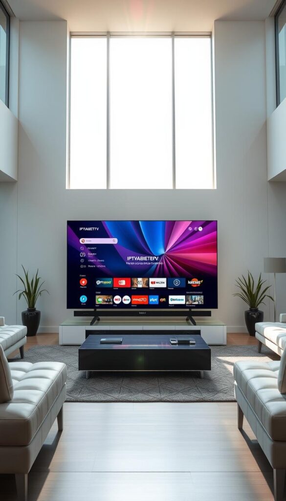 A sleek, modern living room with minimalist decor. In the center, a large flatscreen TV displaying a vibrant, crystal-clear IPTV interface, the IPTVANBIETERTV brand prominently featured. Sunlight streams in through floor-to-ceiling windows, casting a warm, natural glow. No physical set-top box or hardware in sight - just the seamless, cable-free TV experience. The room exudes a sense of technological sophistication and freedom from clutter. The overall atmosphere is one of streamlined, futuristic living.