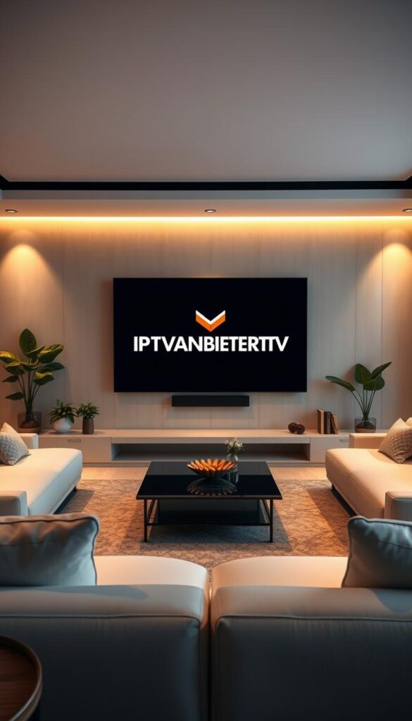 A sleek, modern living room with minimalist furnishings and a large, frameless TV displaying the IPTVANBIETERTV logo. Soft, warm lighting illuminates the room, creating a cozy and inviting atmosphere. The room is accented with natural elements such as wood and plants, conveying a sense of balance and harmony. The overall impression is one of sophistication and technological advancement, hinting at the high-quality IPTV services offered by IPTVANBIETERTV.