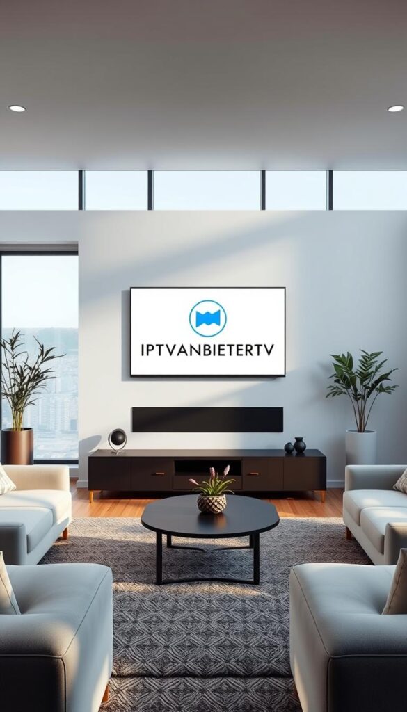 A sleek, modern living room with minimalist furniture and large windows, bathed in soft, natural lighting. On the TV screen, the IPTVANBIETERTV logo is prominently displayed, showcasing a seamless, cable-free setup. The room exudes a sense of simplicity and freedom, reflecting the flexibility and convenience of IPTV services without long-term contracts. The image captures the ease of installation and setup, inviting the viewer to imagine their own cord-cutting experience with IPTVANBIETERTV.