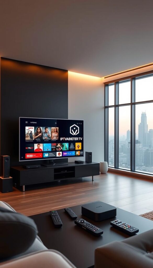 A sleek, modern living room with minimalist furniture and large windows overlooking a city skyline. In the foreground, a smart TV displays the IPTVANBIETERTV logo, surrounded by various streaming devices and remote controls. The room is bathed in warm, ambient lighting, creating a cozy and inviting atmosphere. The TV screen showcases a variety of entertainment options, hinting at the flexibility and convenience of monthly IPTV payments. The scene conveys the idea of effortless, on-demand access to a wide range of content, without the burden of long-term commitments.