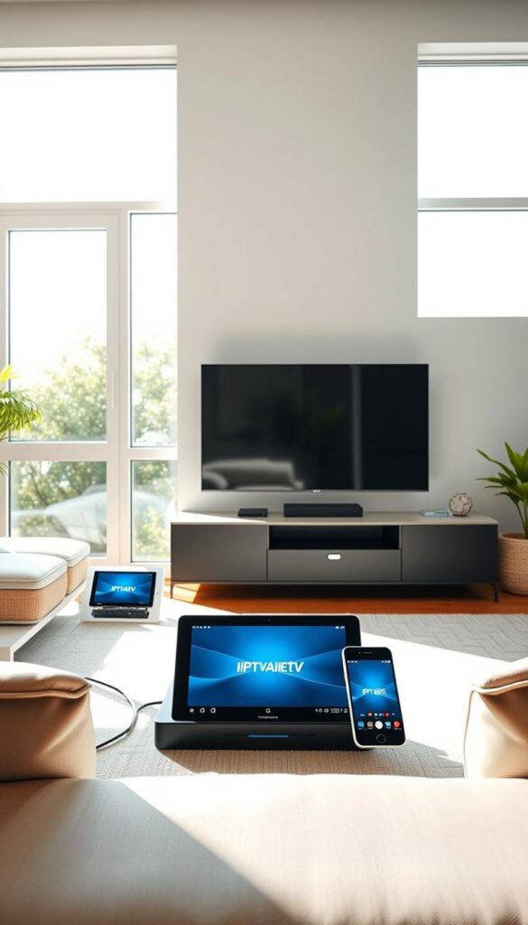 A sleek, modern living room with multiple devices seamlessly connected to IPTVANBIETERTV, showcasing its multidevice support. Sunlight streams through large windows, illuminating a minimalist setup with a smart TV, tablet, and smartphone all accessing the IPTV service. Subtle yet precise camera angles highlight the effortless integration, with a clean, sophisticated aesthetic. The room's neutral tones and natural textures create a calming, inviting atmosphere, reflecting the convenience and versatility of IPTVANBIETERTV's multidevice capabilities.