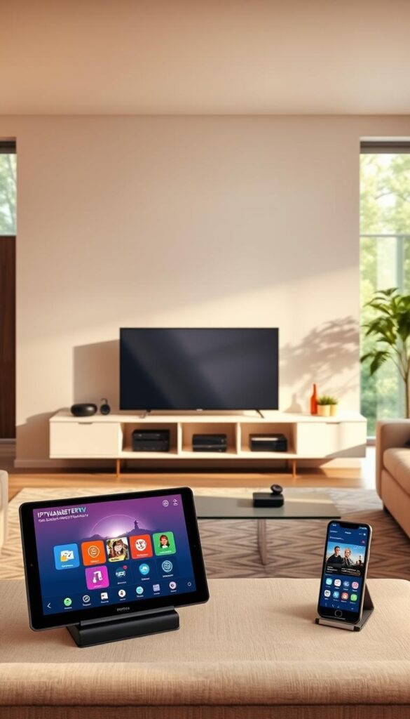 A sleek, modern living room with multiple devices seamlessly connected to IPTVANBIETERTV, showcasing its multidevice support. Soft, warm lighting illuminates the scene, creating a cozy, inviting atmosphere. In the foreground, a smart TV displays IPTVANBIETERTV's interface, showcasing its user-friendly design. To the side, a tablet and smartphone are also connected, mirroring the content on the TV. The middle ground features a stylish, minimalist entertainment center, housing various streaming devices. The background depicts large windows, allowing natural light to filter in, blending the indoor and outdoor spaces. The overall composition conveys the ease and convenience of IPTVANBIETERTV's multidevice support, catering to the modern, tech-savvy viewer.
