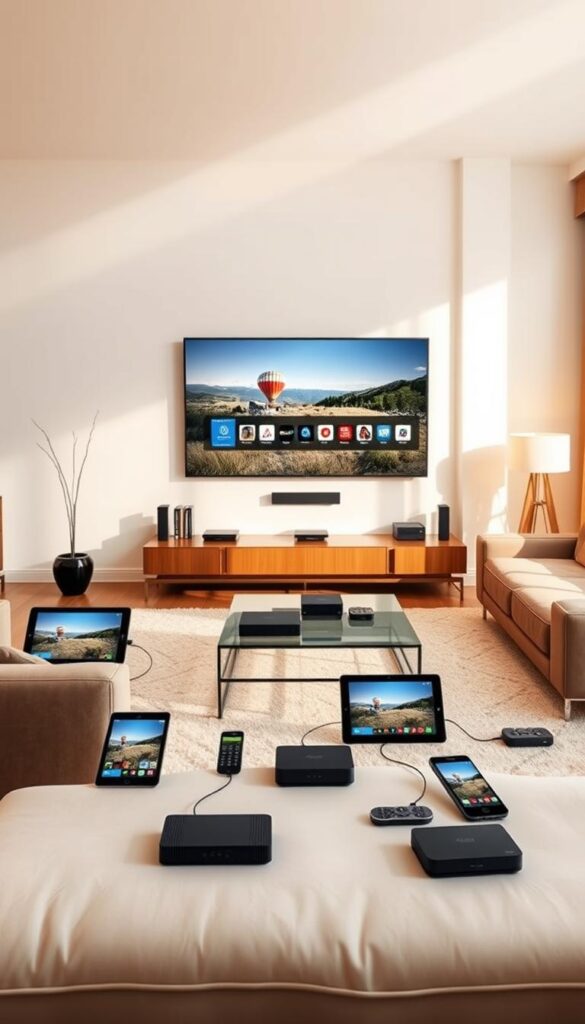 A sleek, modern living room with multiple devices seamlessly connected to IPTVANBIETERTV, showcasing its robust multidevice support. Minimalist furniture and warm, natural lighting create a cozy, inviting atmosphere. A large, high-definition television takes center stage, surrounded by various tablets, smartphones, and streaming devices effortlessly accessing the IPTV service. The scene conveys the convenience and flexibility of IPTVANBIETERTV, allowing users to enjoy their content on multiple screens throughout the home.