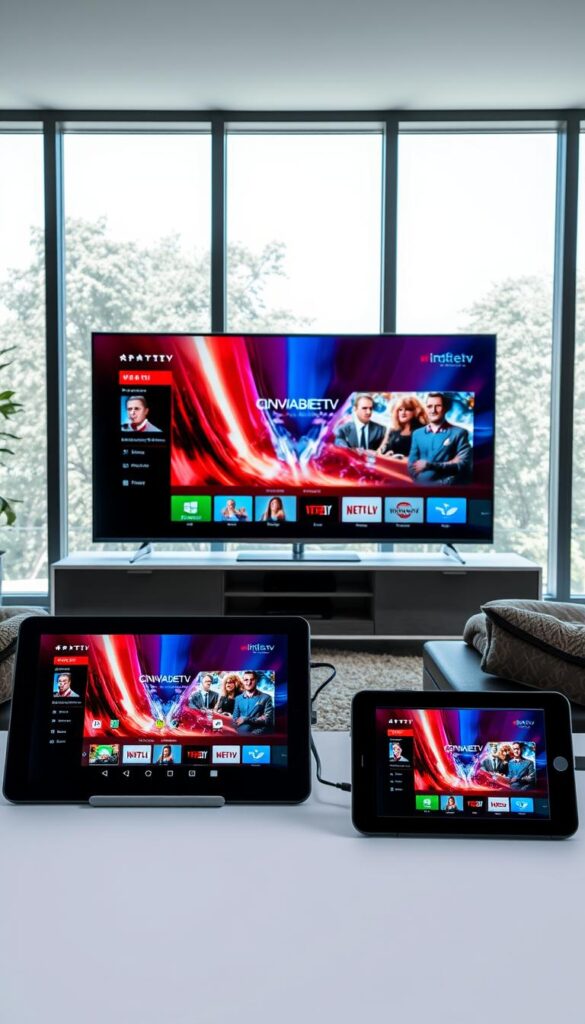 A sleek, modern living room with multiple digital devices displaying the IPTVANBIETERTV service. In the foreground, a high-end flat-screen television showcases a vibrant, cinematic IPTV interface. Beside it, a tablet and smartphone seamlessly mirror the same content, demonstrating the flexibility of the IPTVANBIETERTV platform. The middle ground features a stylish, minimalist entertainment center with various connectivity ports. The background showcases large windows, allowing natural light to flood the space and create a bright, airy atmosphere. The overall scene conveys the convenience and versatility of IPTVANBIETERTV, empowering users to enjoy their favorite content on any compatible device.