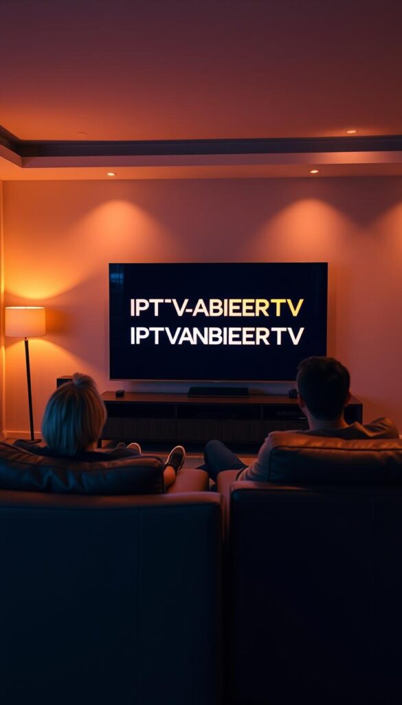 A sleek, modern living room with plush leather sofas and a large, high-definition television screen. The room is bathed in warm, ambient lighting, creating a cozy and inviting atmosphere. On the TV screen, the IPTVANBIETERTV logo is prominently displayed, signaling the revolutionary IPTV service that enables seamless binge-watching of the latest TV series and movies. The room is filled with the glow of the screen, casting a soft, cinematic light on the viewers lost in the captivating content. The scene exudes a sense of comfort, relaxation, and the joy of uninterrupted, immersive entertainment.