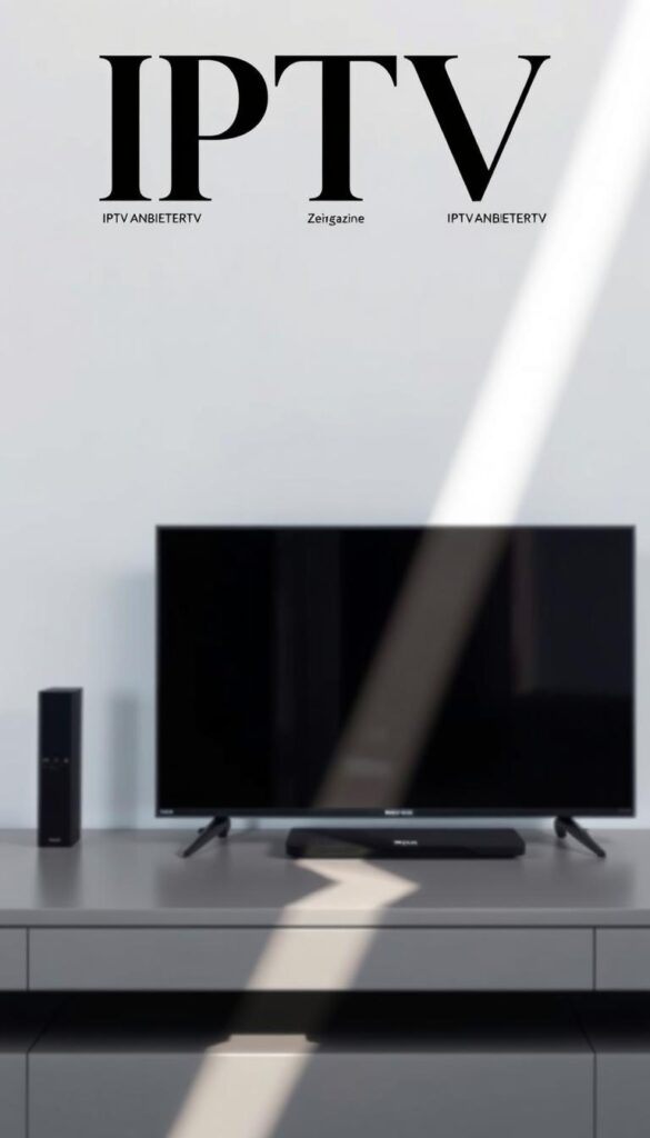 A sleek, modern magazine cover for "IPTV Zeitschrift", featuring the brand name "IPTVANBIETERTV" prominently displayed. The cover has a clean, minimalist design with a large, high-quality image of a television or streaming device in the foreground, conveying the theme of IPTV. The background is a soft, muted gradient, creating a sense of depth and focus on the central device. The lighting is soft and diffused, giving the image a professional, editorial feel. The overall composition is balanced and visually appealing, reflecting the informative and comprehensive nature of the IPTV magazine.