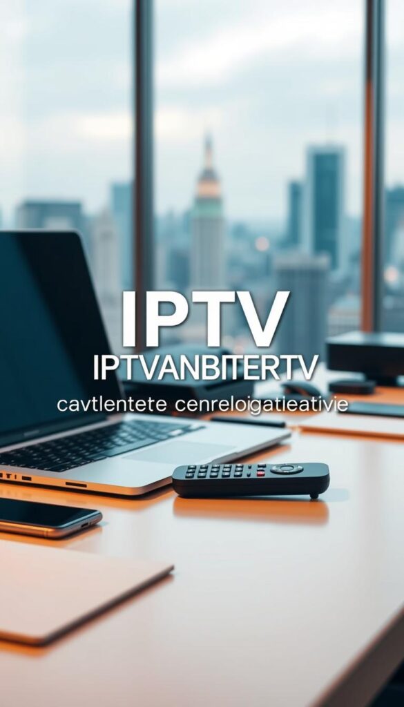 A sleek, modern office desk with a laptop, remote control, and various technology accessories, including the IPTVANBIETERTV brand name prominently displayed. The scene is illuminated by warm, diffused lighting from above, creating a professional and refined atmosphere. The background features a blurred cityscape, suggesting a high-end urban setting. The overall composition conveys the idea of a comprehensive, well-researched IPTV service provider evaluation process.