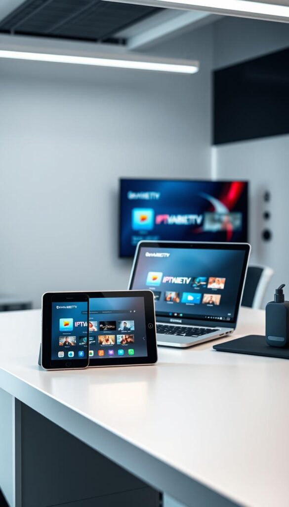A sleek, modern office environment with multiple devices seamlessly connected to IPTVANBIETERTV. The scene depicts a desk with a laptop, tablet, and smartphone, all displaying the IPTVANBIETERTV interface. Soft, diffused lighting illuminates the scene, creating a professional and inviting atmosphere. The devices are arranged in a visually appealing layout, showcasing the seamless integration and "Multigeräte-Unterstützung" (multi-device support) of the IPTV service. The background features minimalist, clean design elements, emphasizing the technology-focused nature of the image. The overall composition conveys a sense of productivity, convenience, and the future of modern media consumption.