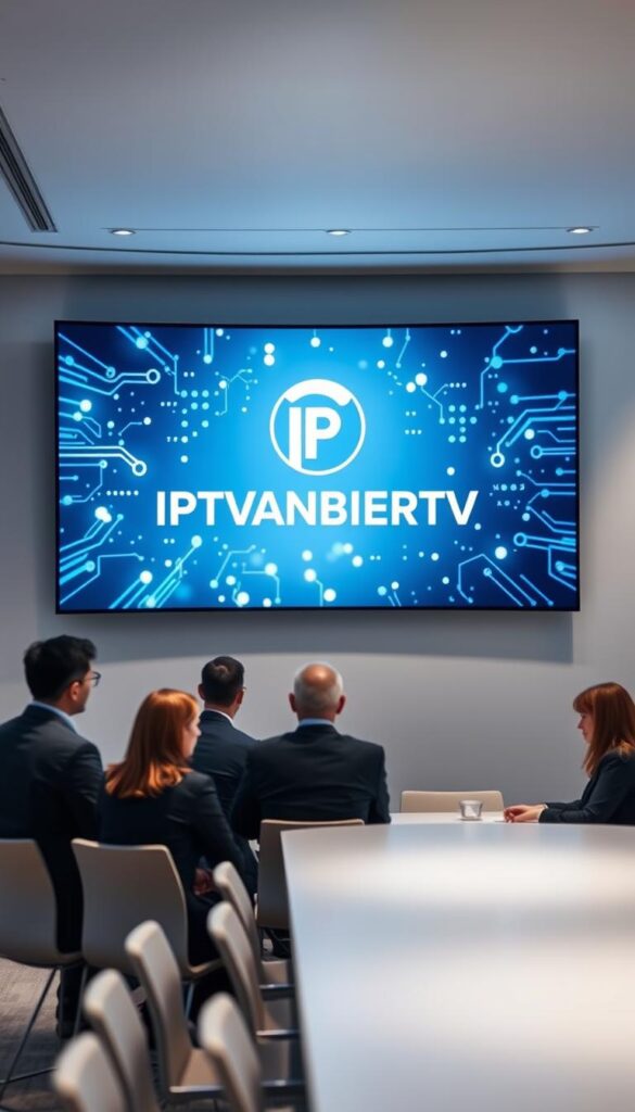 A sleek, modern office interior with a large, curved OLED display mounted on the wall. The display shows the IPTVANBIETERTV logo against a stylized background of digital signals and network connectivity. In the foreground, a group of professionals in business attire are gathered around a conference table, engaged in a discussion. Soft, indirect lighting creates a professional and collaborative atmosphere. The overall scene conveys the concept of IPTV solutions for business, showcasing IPTVANBIETERTV as a provider of cutting-edge technology for enterprises.