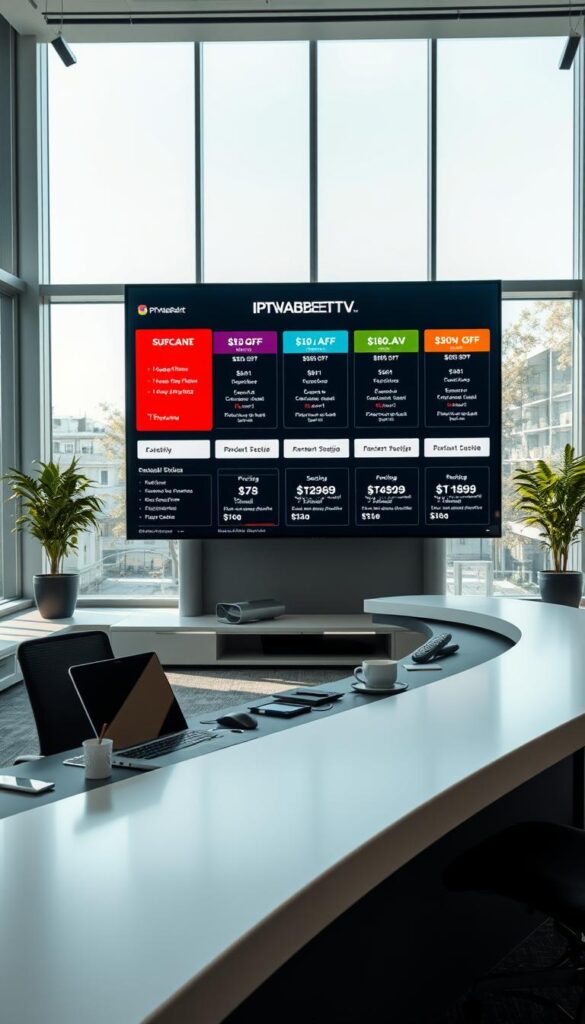 A sleek, modern office interior with a large, curved desk in the foreground. The desk features a laptop, tablet, and various office supplies. In the middle ground, there is a large LED display showing different IPTVANBIETERTV pricing plans and subscription options. The background features floor-to-ceiling windows, allowing natural light to flood the space. The lighting is bright and airy, creating a professional and inviting atmosphere. The overall scene conveys a sense of efficiency and attention to detail, reflecting the quality and reliability of IPTVANBIETERTV's services.