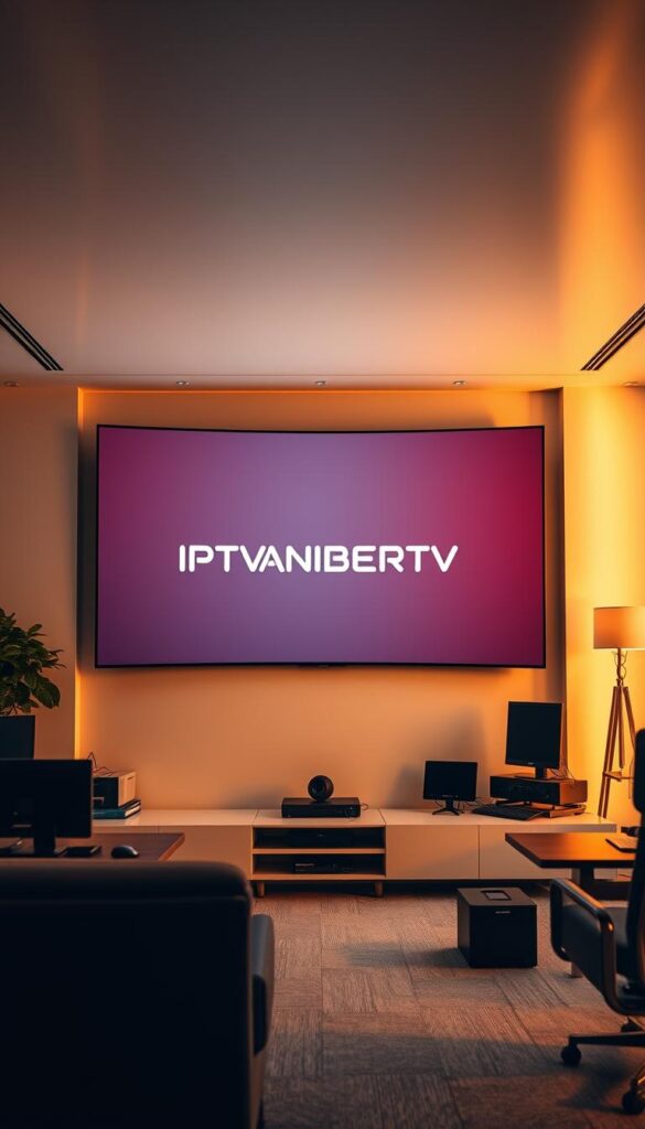 A sleek, modern office interior with a large, curved display screen showcasing the IPTVANBIETERTV brand logo. The screen is surrounded by minimal, high-tech furniture and devices, creating a professional, tech-forward atmosphere. Warm, indirect lighting illuminates the space, casting a soft glow. The overall composition emphasizes the premium quality and cutting-edge technology of the IPTVANBIETERTV service, conveying a sense of reliability and innovation.