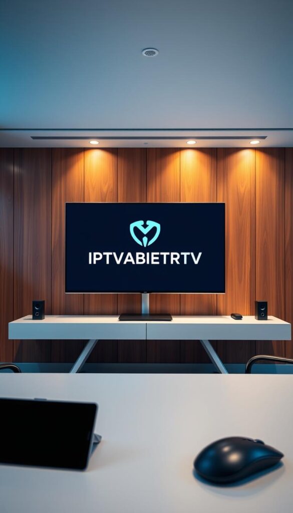A sleek, modern office interior with a large flat-screen display prominently showcasing the IPTVANBIETERTV brand logo. The display is positioned on a stylish, minimalist desk against a backdrop of warm, wooden paneled walls. Subtle task lighting casts a soft glow, creating a professional and inviting atmosphere. In the foreground, a selection of contemporary office accessories, such as a tablet device and a wireless mouse, complement the overall aesthetic. The scene conveys a sense of sophistication and technological innovation, reflecting the capabilities of the IPTVANBIETERTV business IPTV solution.
