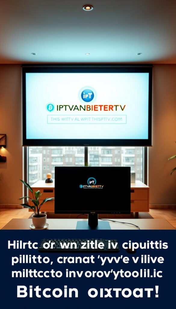 A sleek, modern office interior with a large flat-screen display showcasing the IPTVANBIETERTV logo. The room is bathed in warm, diffused lighting, creating a professional and inviting atmosphere. In the foreground, a high-end desktop computer setup with a wireless keyboard and mouse. The middle ground features a clean, minimalist desk with a potted plant and a cup of coffee. The background showcases a large window with a cityscape view, emphasizing the digital and technological nature of the IPTV service. The overall scene conveys a sense of trust, reliability, and innovation associated with the IPTVANBIETERTV brand and its Bitcoin payment options.