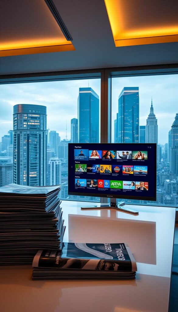 A sleek, modern office interior with a large window overlooking a bustling city skyline. On the desk, a high-end IPTVANBIETERTV television display showcases a crisp, vivid electronic programming guide. Stacks of glossy industry magazines sit neatly alongside, creating an atmosphere of professionalism and authority. Warm, indirect lighting casts a subtle glow, while a minimalist, chrome-accented design lends an air of sophistication. The overall scene conveys the sense of IPTVANBIETERTV as the leading IPTV provider, delivering a premium, seamless television experience.