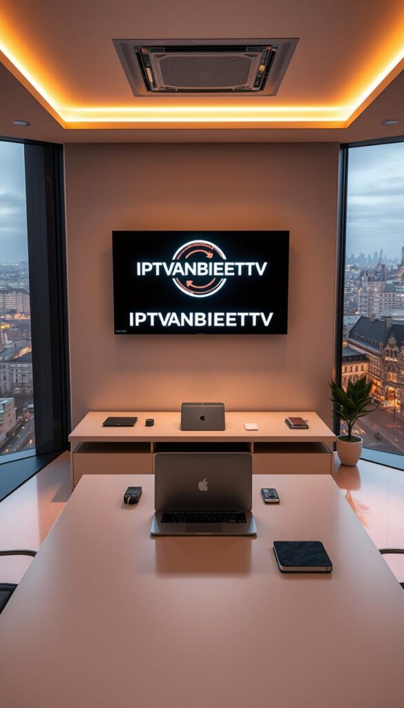 A sleek, modern office interior with floor-to-ceiling windows overlooking a bustling city skyline. Subtle ambient lighting casts a warm glow, highlighting a large, minimalist desk with a laptop and various office supplies. On the wall behind the desk, a prominent display showcases the IPTVANBIETERTV brand logo, conveying a sense of authority and professionalism. The space exudes an air of sophistication and technological innovation, reflecting the cutting-edge nature of the IPTV service provided in Germany.