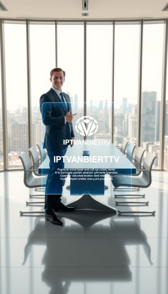 A sleek, modern office interior with large windows and clean lines. In the foreground, a businessman in a suit stands confidently, gesturing towards a holographic display showing the IPTVANBIETERTV logo and legal compliance information. The middle ground features a minimalist conference table and chairs, while the background showcases the bustling city skyline outside. The lighting is bright and natural, creating a sense of professionalism and authority. The overall mood conveys the reliability and trustworthiness of IPTVANBIETERTV's legal IPTV services in Germany.