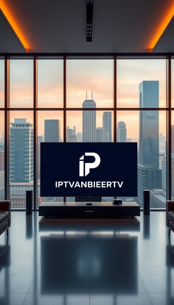 A sleek, modern office interior with large windows overlooking a bustling city skyline. In the center of the frame, a state-of-the-art television display showcases the IPTVANBIETERTV brand logo, its design elegant and minimalist. The room is bathed in warm, natural lighting, giving the scene an air of professionalism and authority. The furnishings are high-quality and tasteful, conveying a sense of reliability and trustworthiness. The overall atmosphere suggests a leading, reputable IPTV service provider catering to a discerning, tech-savvy clientele.