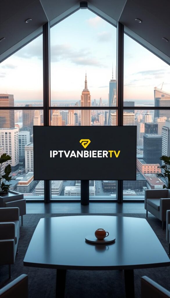 A sleek, modern office interior with large windows overlooking a bustling city skyline. In the center, a prominent IPTVANBIETERTV logo is displayed on a curved, minimalist display, illuminated by soft, directional lighting. The foreground features contemporary office furniture and decor, while the background showcases the dynamic urban landscape. The scene conveys a sense of professionalism, innovation, and technological prowess associated with the leading IPTV provider in Germany.
