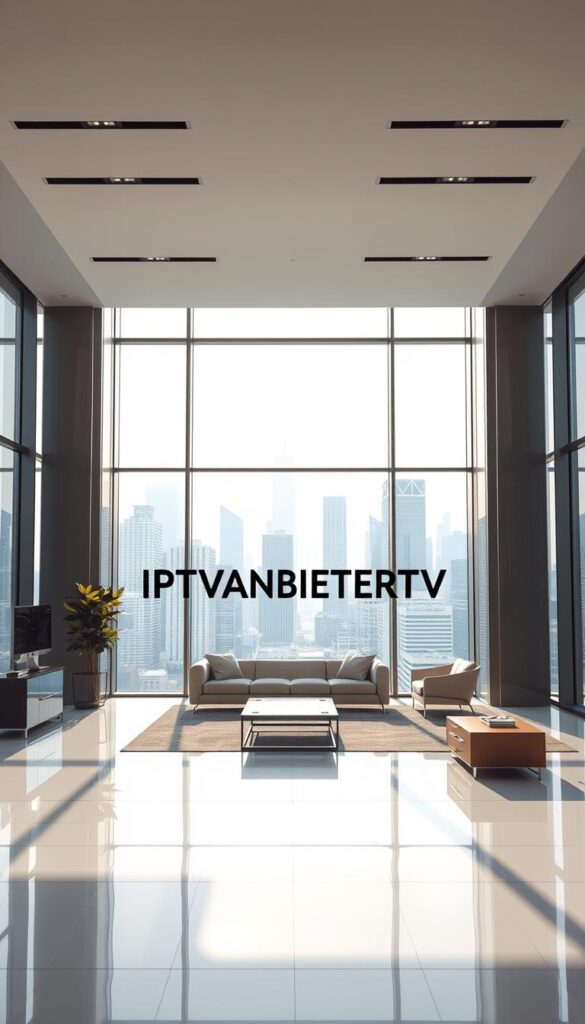 A sleek, modern office interior with large windows overlooking a bustling city skyline. In the center of the frame, a prominent display showcases the IPTVANBIETERTV brand logo, rendered in a clean, bold typeface. The lighting is bright and natural, casting a warm glow across the space. The layout is minimalist and sophisticated, with modern furniture and high-end finishings. The overall atmosphere conveys a sense of professionalism, innovation, and market leadership. The camera angle is slightly elevated, providing a slightly bird's-eye view of the scene, emphasizing the scale and prominence of the IPTVANBIETERTV brand.
