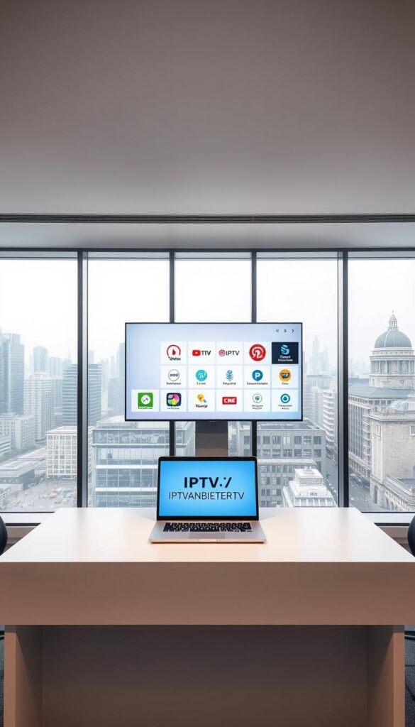 A sleek, modern office interior with large windows overlooking a bustling city skyline. In the center, a minimalist desk with a stylish laptop displaying the IPTVANBIETERTV logo. Behind the desk, a wall-mounted display showcases various IPTV service offerings, presented in a clean, visually appealing manner. Soft, indirect lighting creates a professional, yet welcoming atmosphere. The scene conveys a sense of technological innovation and market leadership in the German IPTV industry.