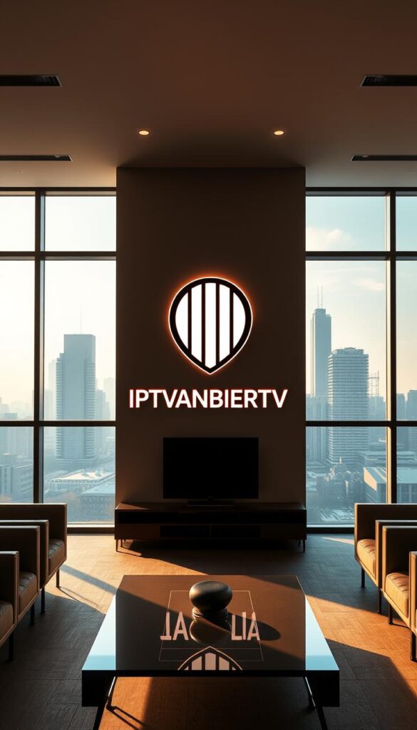 A sleek, modern office interior with large windows overlooking a bustling city skyline. In the center of the frame, a sophisticated IPTVANBIETERTV logo is prominently displayed on the wall, conveying a sense of authority and professionalism. The lighting is warm and inviting, with subtle shadows creating depth and dimension. The furniture is minimalist and high-end, exuding an air of exclusivity. The overall mood is one of luxury, power, and technological innovation - a fitting setting for a leading provider of adult-oriented IPTV services in Germany.