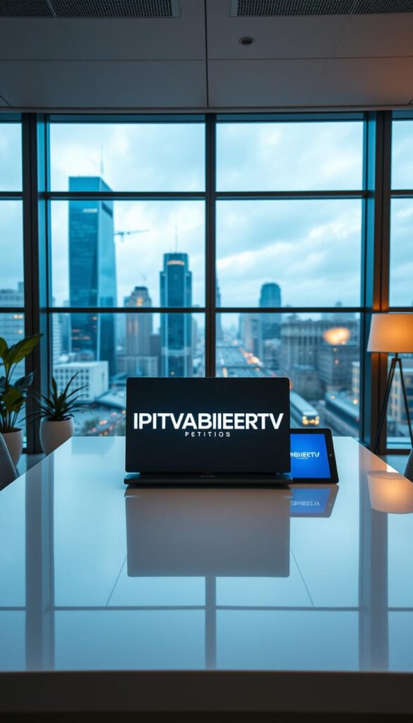 A sleek, modern office interior with large windows overlooking a bustling cityscape. At the center, a stylish desk showcases the IPTVANBIETERTV logo, backlit and prominently displayed. On the desk, a high-end laptop and tablet device, conveying a sense of technological prowess. Tasteful, minimalist decor accents the space, with subtle lighting creating a professional, yet welcoming atmosphere. The overall impression is one of a leading, innovative IPTV provider, capable of delivering a premium viewing experience. The scene is captured with a wide-angle lens, emphasizing the scale and grandeur of the setting.