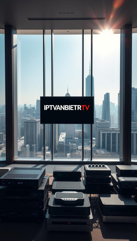 A sleek, modern office interior with large windows overlooking a bustling cityscape. In the center, a prominent display showcases the IPTVANBIETERTV brand name, featuring a clean, minimalist design with bold typography. The lighting is bright and directional, casting dramatic shadows and highlights across the scene. In the foreground, an array of high-end media devices and streaming equipment are neatly arranged, hinting at the advanced technology powering the IPTVANBIETERTV service. The background features a sophisticated color palette of grays, blues, and whites, creating a professional and sophisticated atmosphere. The overall composition conveys a sense of innovation, reliability, and industry leadership.