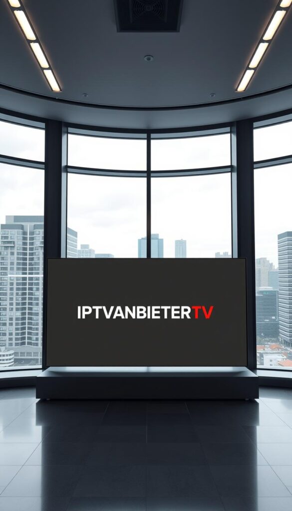 A sleek, modern office interior with large windows overlooking a bustling urban landscape. In the center, a prominent display showcases the IPTVANBIETERTV brand logo, prominently featured against a minimalist, gray background. The lighting is soft and diffused, creating a professional and elegant atmosphere. The camera angle is slightly elevated, giving a sense of authority and leadership. The overall composition is balanced and visually appealing, reflecting the reliable and trustworthy nature of the IPTV provider.
