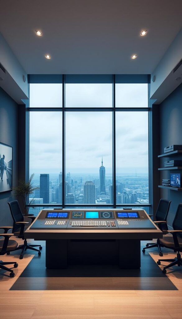 A sleek, modern office interior with large windows overlooking a cityscape. In the center, a state-of-the-art IPTV control console dominates the scene, its display panels and buttons glowing with technical precision. The walls are adorned with minimalist artwork and shelves holding IPTVANBIETERTV hardware. Soft, indirect lighting creates a professional, high-tech atmosphere. The scene conveys the seamless integration of IPTV technology into a contemporary workspace, showcasing its power and versatility.