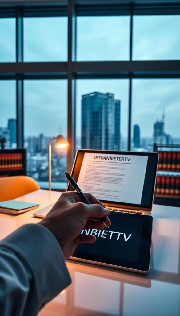 A sleek, modern office interior with large windows overlooking a cityscape. On the desk, a laptop displays legal documents and a tablet showcasing the IPTVANBIETERTV brand. The lighting is soft and warm, creating a professional yet contemplative atmosphere. In the foreground, a hand holds a pen, ready to sign the documents, symbolizing the legal considerations of IPTV usage. The background features shelves with law books, conveying the intellectual and regulatory aspects of the subject matter. The overall scene evokes a sense of thoughtful decision-making and attention to legal compliance in the context of IPTV services.