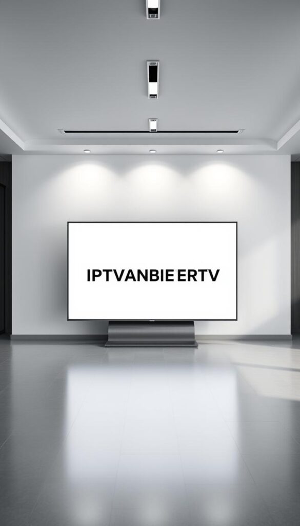 A sleek, modern office interior with minimalist design elements. In the center, a large flat-screen display shows the bold, typographic logo "IPTVANBIETERTV" against a clean, monochromatic background. The display is mounted on a brushed metal stand, lending an air of premium quality and technological sophistication. Soft, directional lighting illuminates the scene, creating shadows and highlights that accentuate the product's form and materials. The overall mood is one of professionalism, reliability, and cutting-edge innovation - qualities that embody the "best IPTV provider in Germany for 2025".