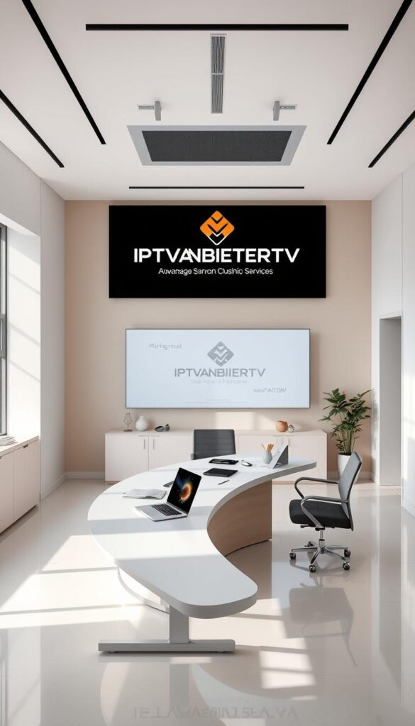 A sleek, modern office interior with minimalist design elements. The centerpiece is a large, curved desk with a laptop, tablet, and various office supplies neatly arranged. The desk is positioned in front of a large window, allowing natural light to flood the space. The walls are a soft, neutral tone, accented by clean lines and geometric shapes. In the background, there is a prominent display showcasing the IPTVANBIETERTV brand name and logo, conveying a sense of professionalism and expertise. The overall atmosphere is one of efficiency, organization, and a focus on technology and digital services.