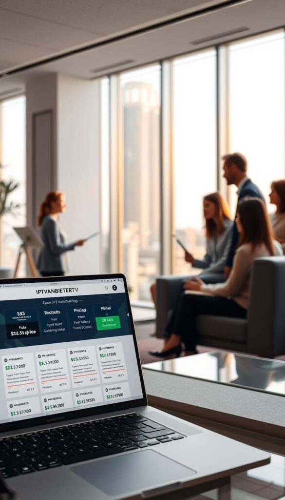 A sleek, modern office interior with minimalist furniture and clean lines. In the foreground, a laptop displays the website of IPTVANBIETERTV, showcasing its various pricing plans and subscription options. The middle ground features several people discussing the plans, gesturing towards the screen. The background has large windows overlooking a cityscape, bathed in warm, natural lighting. The overall atmosphere is one of professionalism, practicality, and consumer-friendliness, reflecting the subject of IPTV provider pricing models.