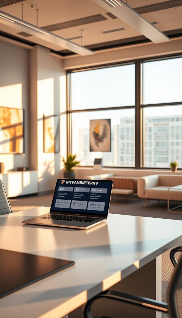 A sleek, modern office interior with minimalist furniture and clean lines. On the desk, a laptop displays the IPTVANBIETERTV logo, showcasing the brand's pricing and subscription options. The room is bathed in warm, natural lighting filtering through large windows, creating a professional and inviting atmosphere. The walls feature abstract art pieces, hinting at the diversity of IPTVANBIETERTV's entertainment offerings. The overall scene conveys a sense of efficiency, innovation, and a commitment to providing customers with a seamless, high-quality IPTV experience.